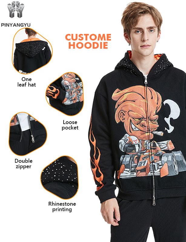 hinestone Embellished Hoodie - Custom Design on Hood, Zip Front Pullover