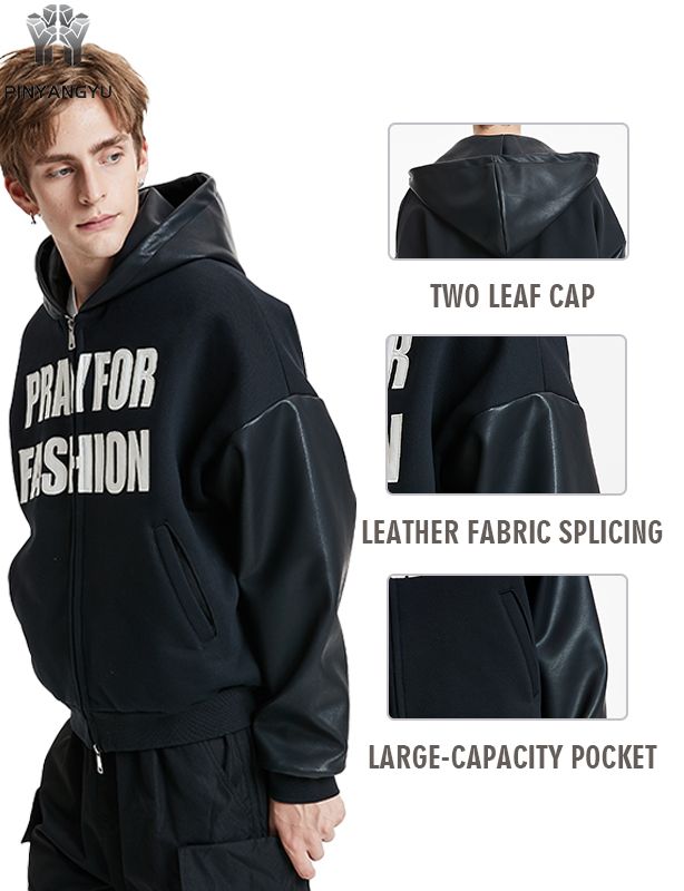 Custom Leather & Fabric Hoodie - Mixed Material Zip Up with Patchwork Design