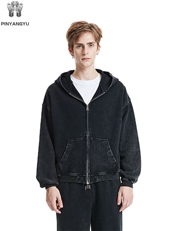 Premium Garment Washed Zip-Up Hoodie for Men | Eco-Friendly Organic Cotton Blend | Broken-In Feel and Vintage Fade for Everyday Luxury