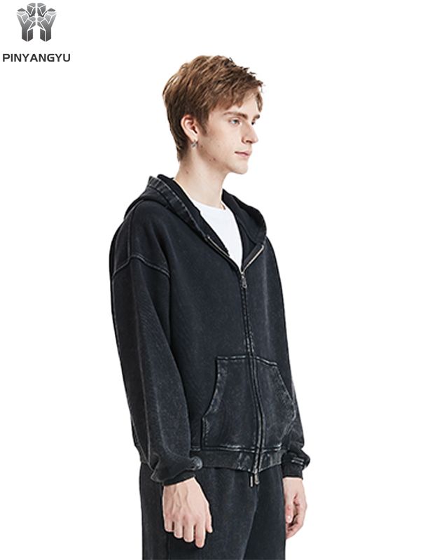 Premium Garment Washed Zip-Up Hoodie for Men | Eco-Friendly Organic Cotton Blend | Broken-In Feel and Vintage Fade for Everyday Luxury