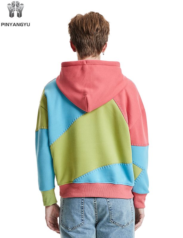 Customized hooded sweatshirt with multi piece fabric and multi-color splicing effect