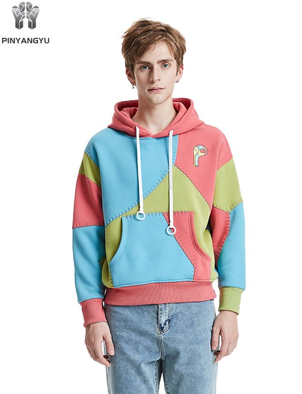 Customized hooded sweatshirt with multi piece fabric and multi-color splicing effect