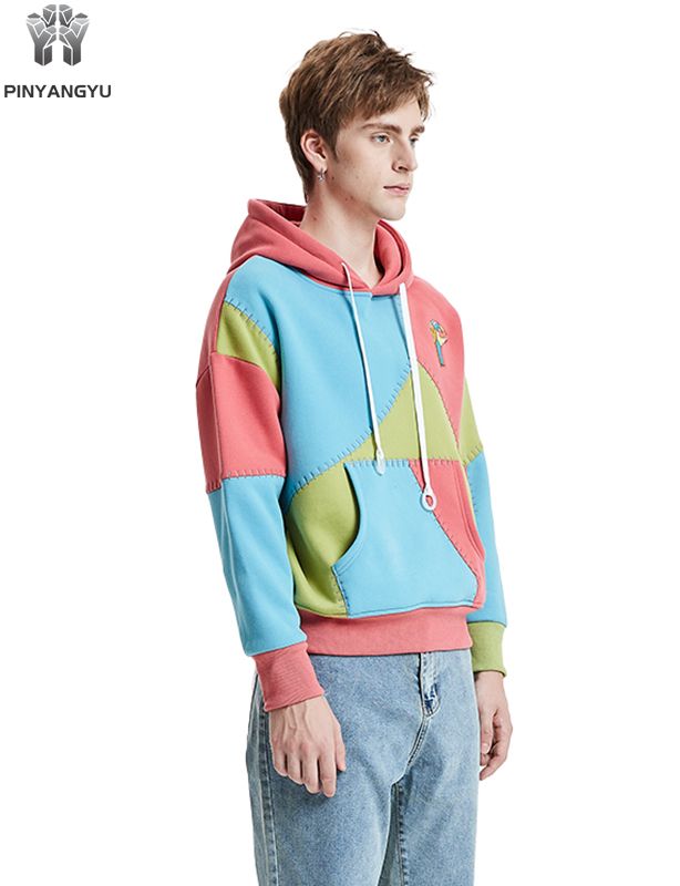 Customized hooded sweatshirt with multi piece fabric and multi-color splicing effect