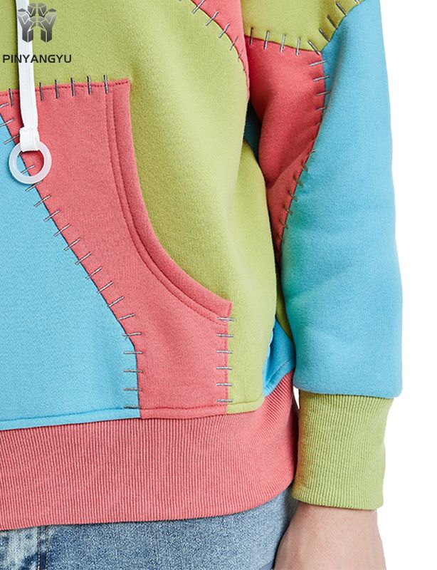 Customized hooded sweatshirt with multi piece fabric and multi-color splicing effect