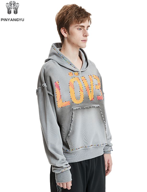 Grinding effect hot stamping custom pure cotton hooded sweatshirt
