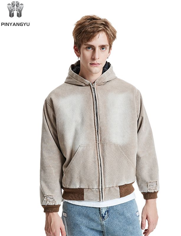 Distressed Linen Blend Zip Hoodie - Washed & Worn Look Pullover