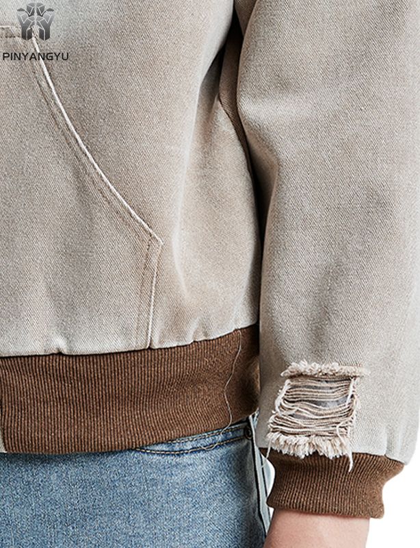 Distressed Linen Blend Zip Hoodie - Washed & Worn Look Pullover