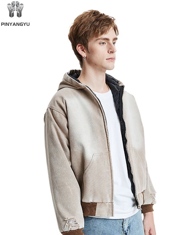 Distressed Linen Blend Zip Hoodie - Washed & Worn Look Pullover