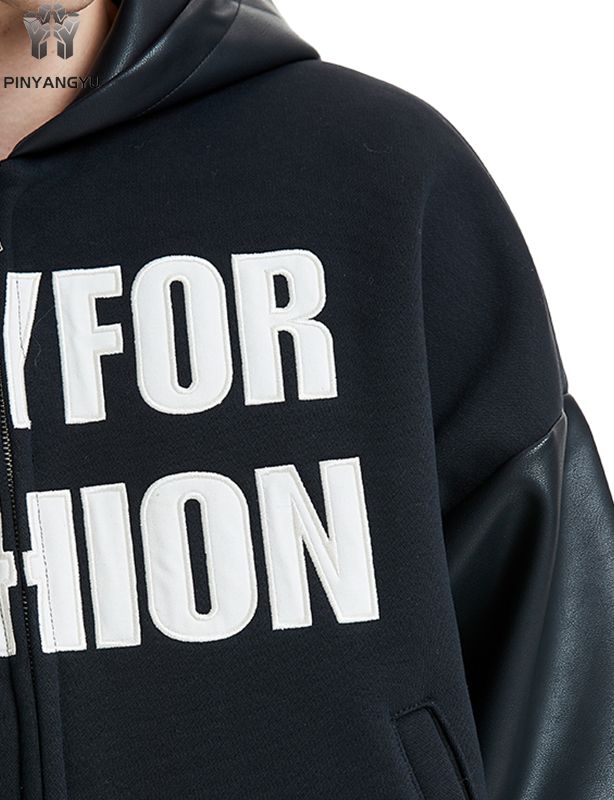 Custom Leather & Fabric Hoodie - Mixed Material Zip Up with Patchwork Design