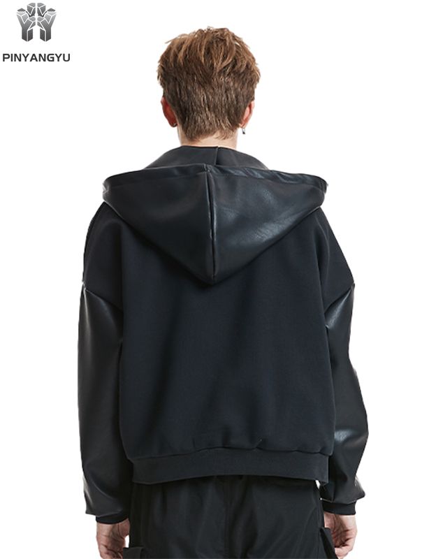 Custom Leather & Fabric Hoodie - Mixed Material Zip Up with Patchwork Design