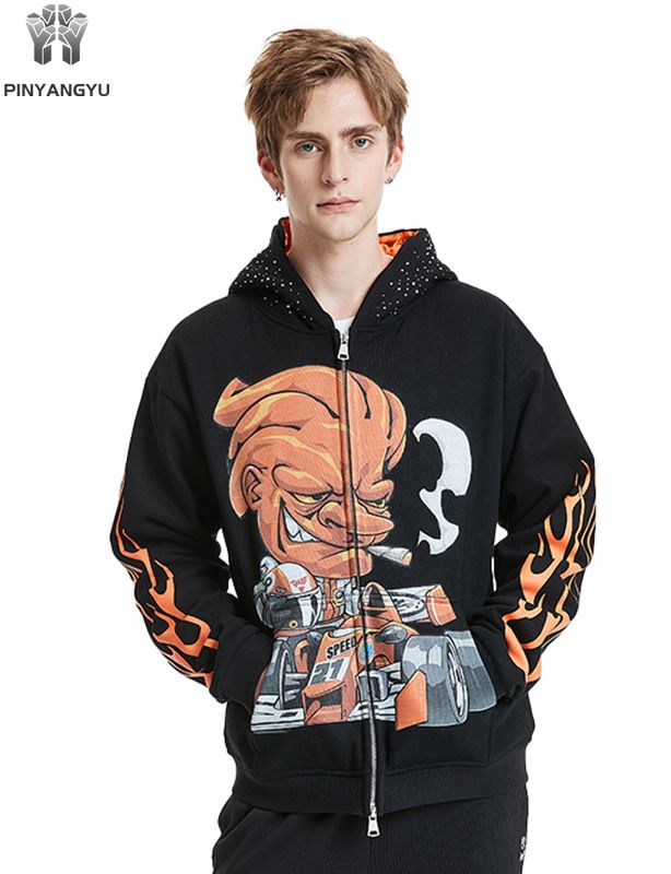 hinestone Embellished Hoodie - Custom Design on Hood, Zip Front Pullover