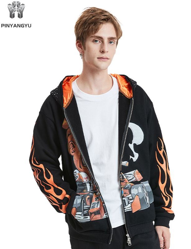 hinestone Embellished Hoodie - Custom Design on Hood, Zip Front Pullover