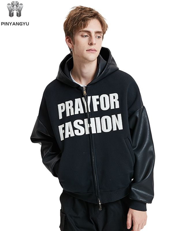 Custom Leather & Fabric Hoodie - Mixed Material Zip Up with Patchwork Design