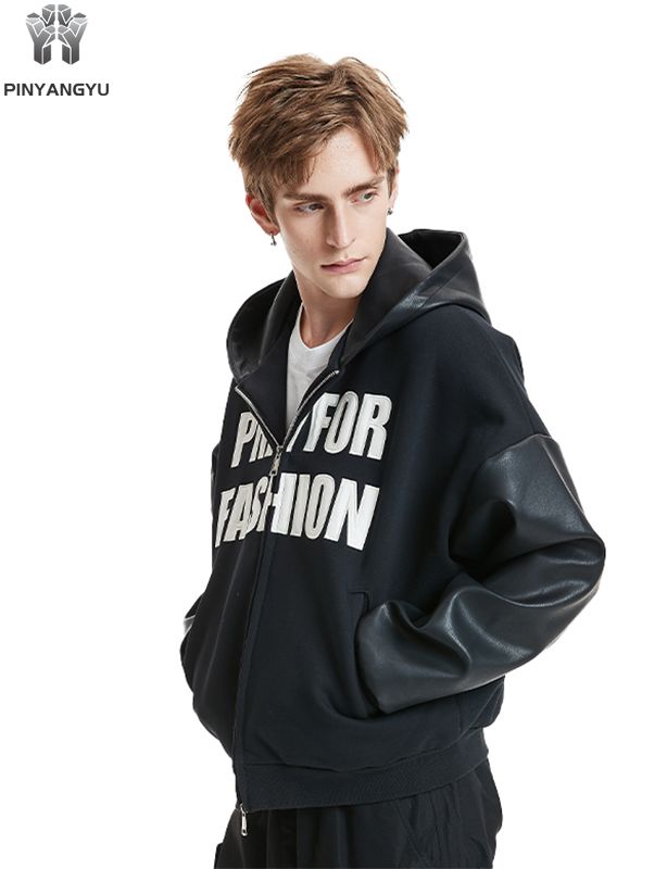Custom Leather & Fabric Hoodie - Mixed Material Zip Up with Patchwork Design
