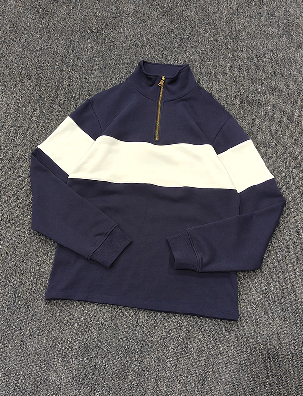 Custom-made oversized half-zip round-neck sweater in color-block style, featuring personalized prints, making it a streetwear suitable for both men and women