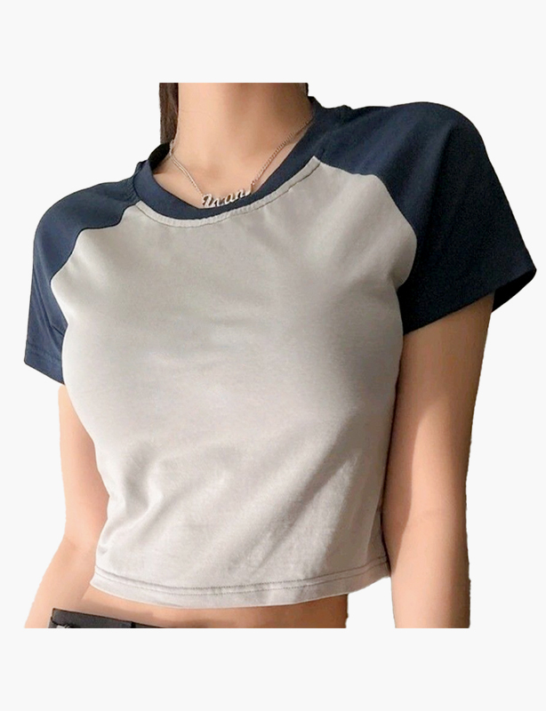 Ladies Two-Tone Color Block Cropped Tee Fashion Splice Design Casual Short Sleeve T-Shirt