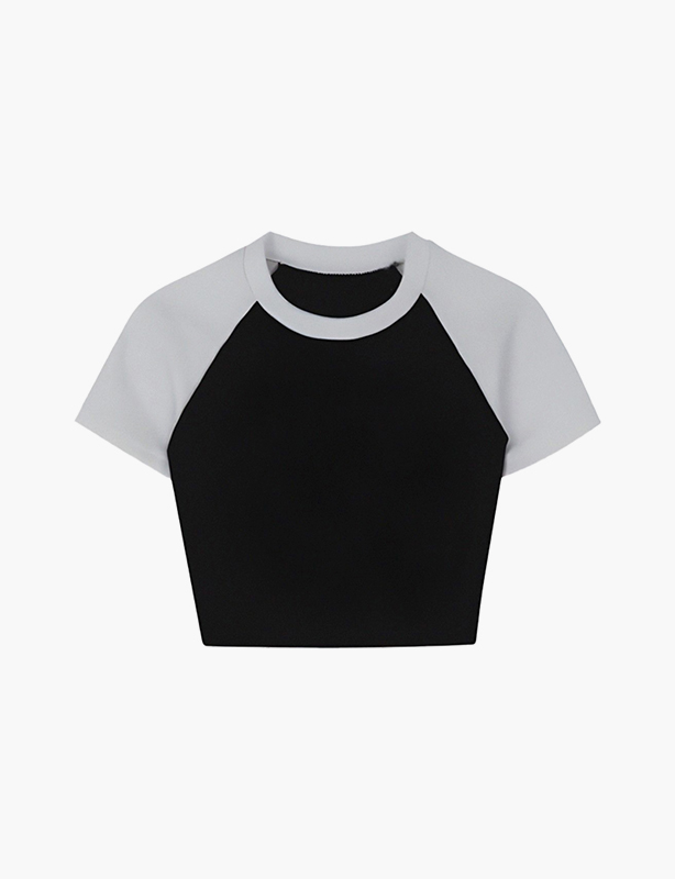 Ladies Two-Tone Color Block Cropped Tee Fashion Splice Design Casual Short Sleeve T-Shirt