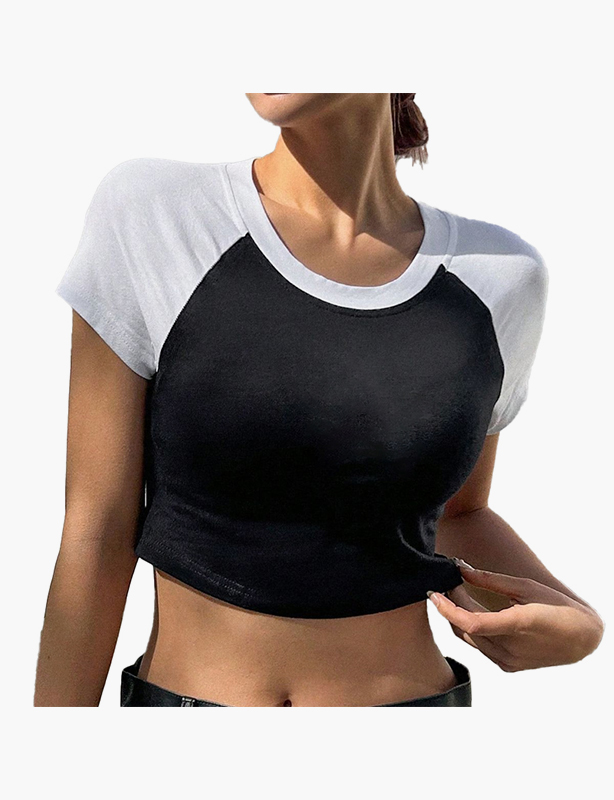 Ladies Two-Tone Color Block Cropped Tee Fashion Splice Design Casual Short Sleeve T-Shirt