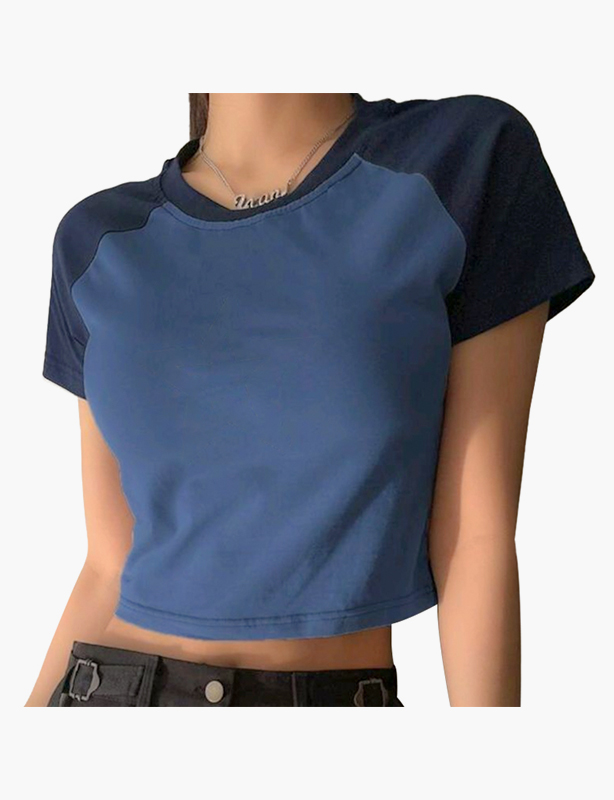 Ladies Two-Tone Color Block Cropped Tee Fashion Splice Design Casual Short Sleeve T-Shirt