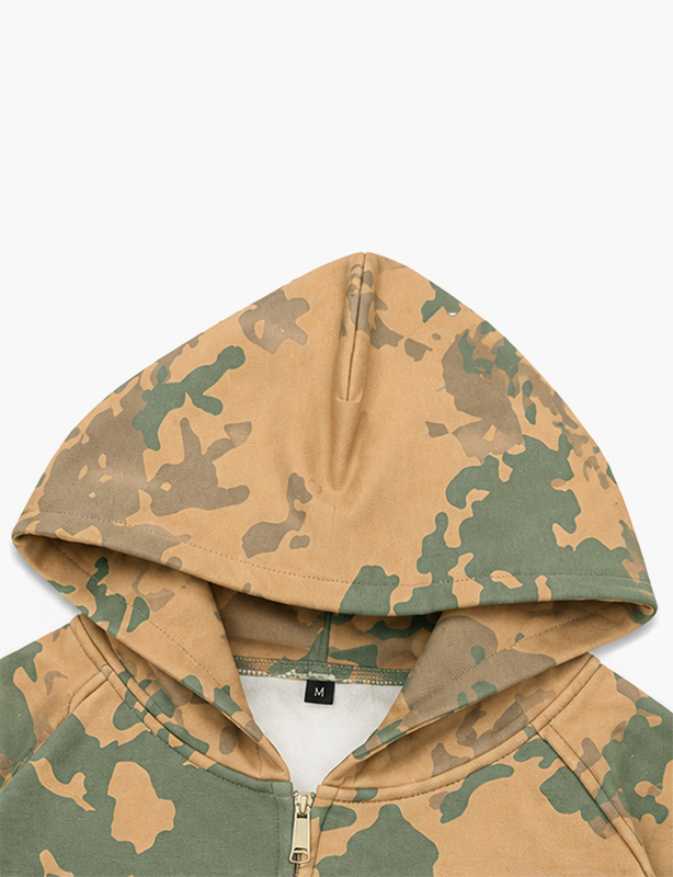 Classic Woodland Camo Full-Zip Hoodie | Military-Inspired Cotton Custom Jacket